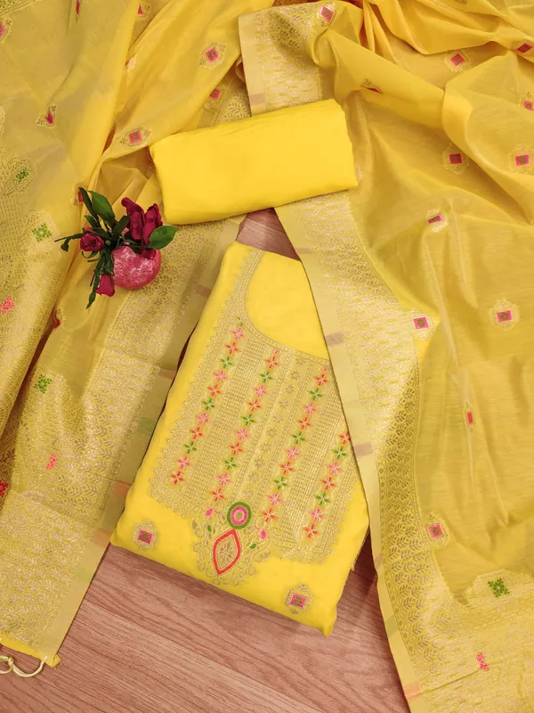 Yellow_Chanderi_Banarasi_Cotton_Weaving_Unstitched_Kurta_Set_For_Women