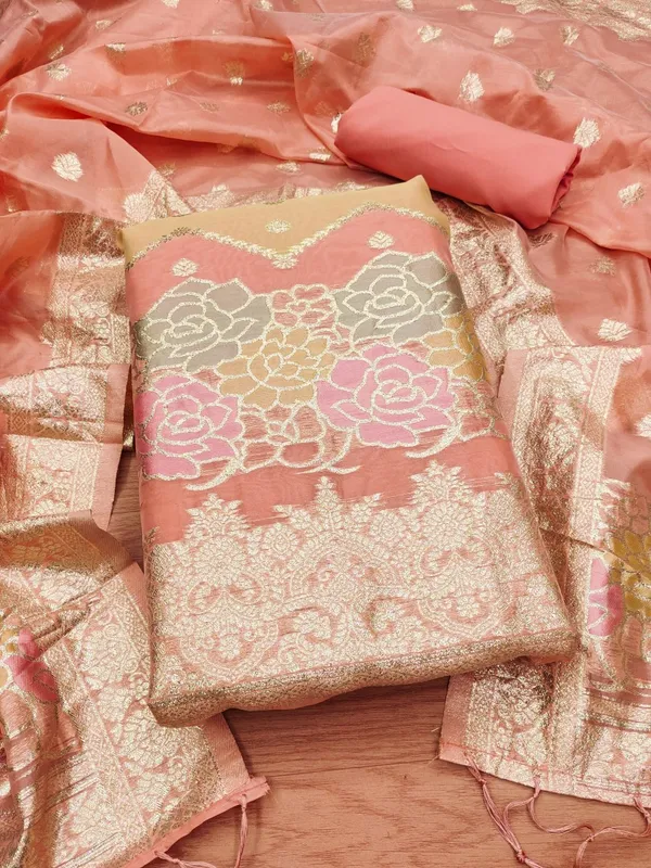 Peach_Organza_Banarasi_Silk_Weaving_Unstitched_Kurta_Set_For_Women