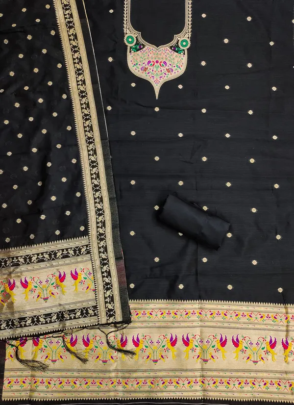 Black_Soft_Litchi_Banarasi_Silk_Weaving_Unstitched_Kurta_Set_For_Women
