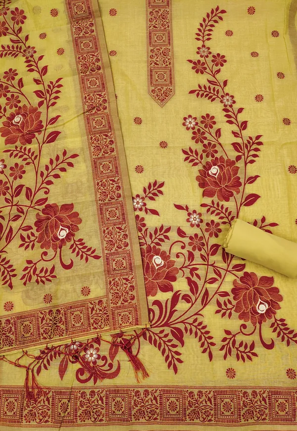 Yellow_Jamdani_Banarasi_Cotton_Weaving_Unstitched_Kurta_Set_For_Women