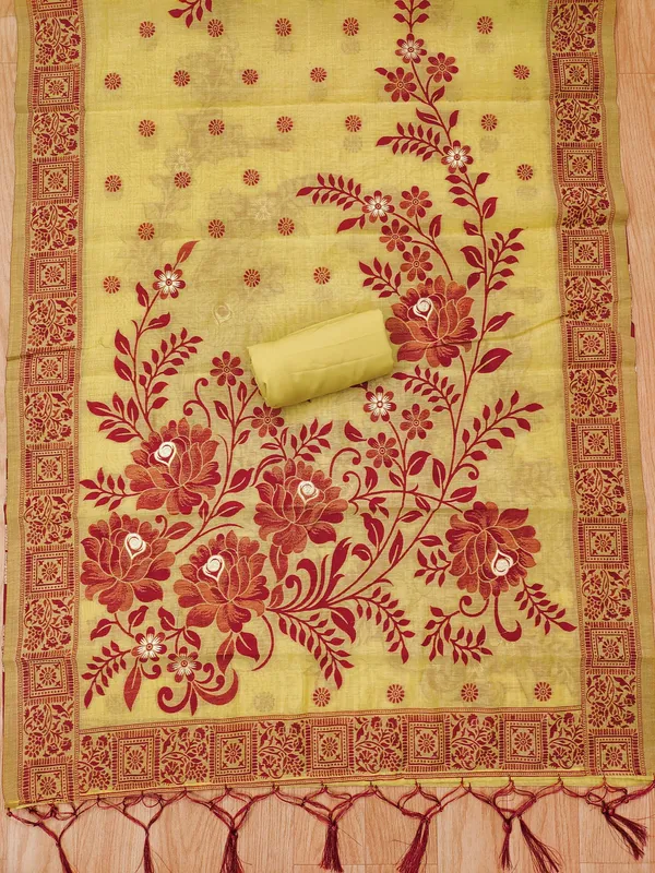 Yellow_Jamdani_Banarasi_Cotton_Weaving_Unstitched_Kurta_Set_For_Women