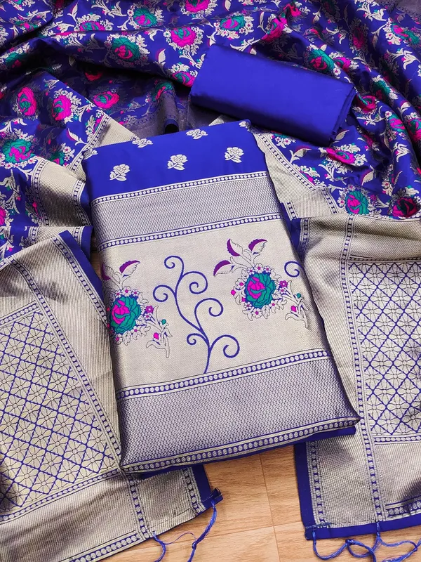 Royal_Blue_Soft_Litchi_Banarasi_Silk_Weaving_Unstitched_Kurta_Set_For_Women