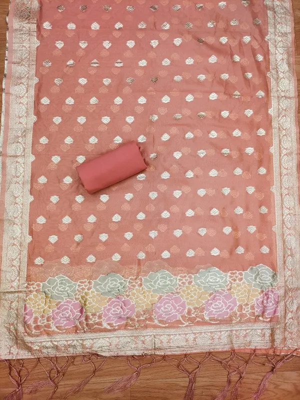 Peach_Organza_Banarasi_Silk_Weaving_Unstitched_Kurta_Set_For_Women
