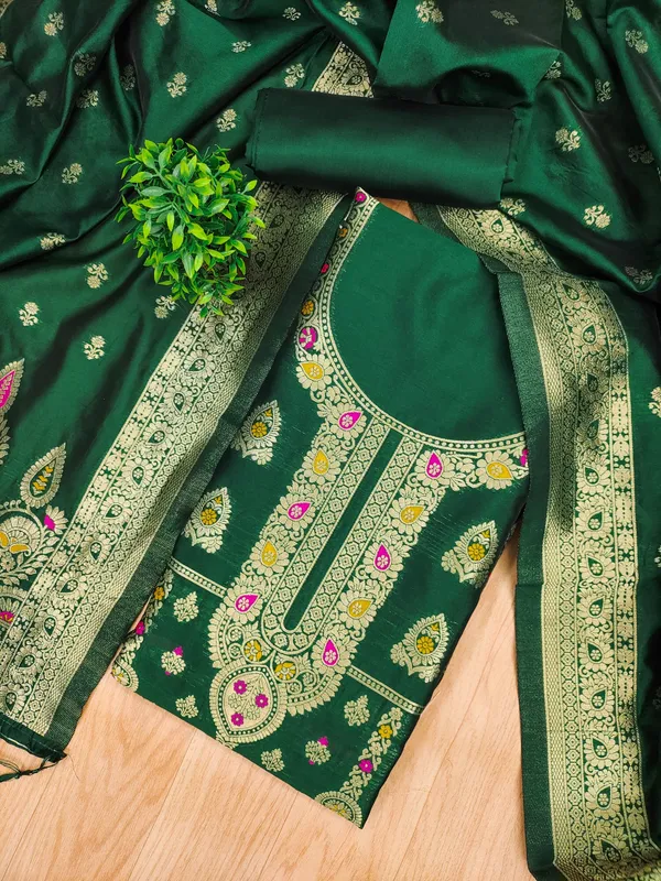 Green_Soft_Litchi_Banarasi_Silk_Weaving_Unstitched_Kurta_Set_For_Women