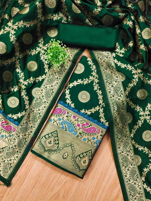 Bottle_Green_Soft_Litchi_Banarasi_Silk_Weaving_Unstitched_Kurta_Set_For_Women