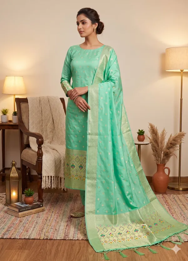 Sea_Green_Soft_Litchi_Banarasi_Silk_Weaving_Unstitched_Kurta_Set_For_Women