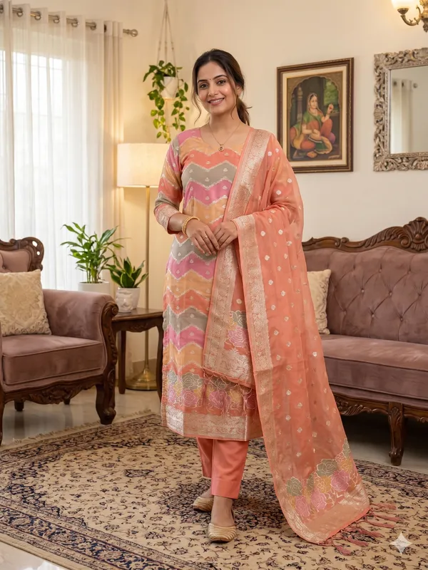 Peach_Organza_Banarasi_Silk_Weaving_Unstitched_Kurta_Set_For_Women
