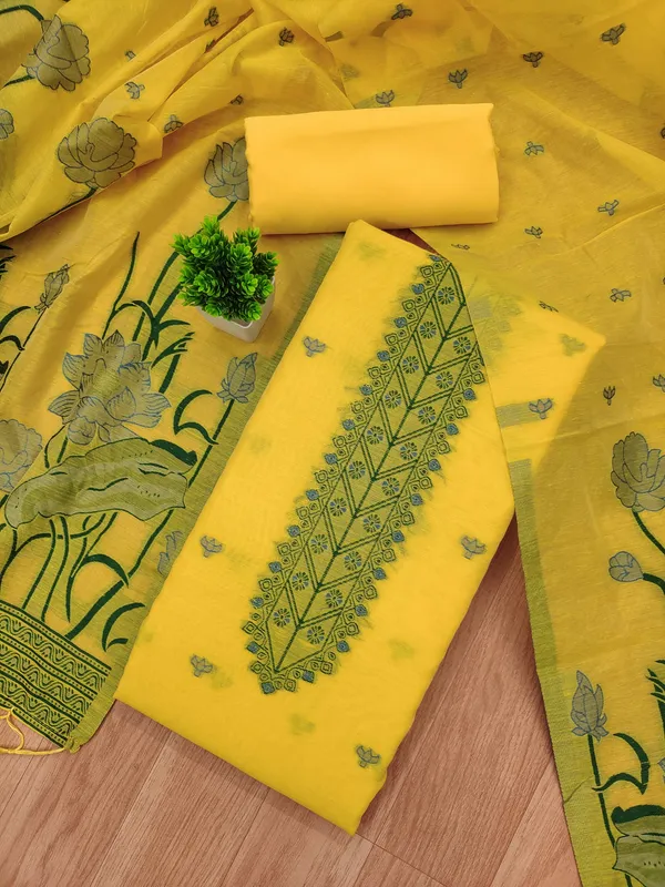Yellow_Muga_Banarasi_Cotton_Weaving_Unstitched_Kurta_Set_For_Women