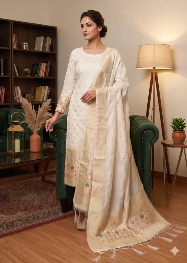 White_Soft_Litchi_Banarasi_Silk_Weaving_Unstitched_Kurta_Set_For_Women