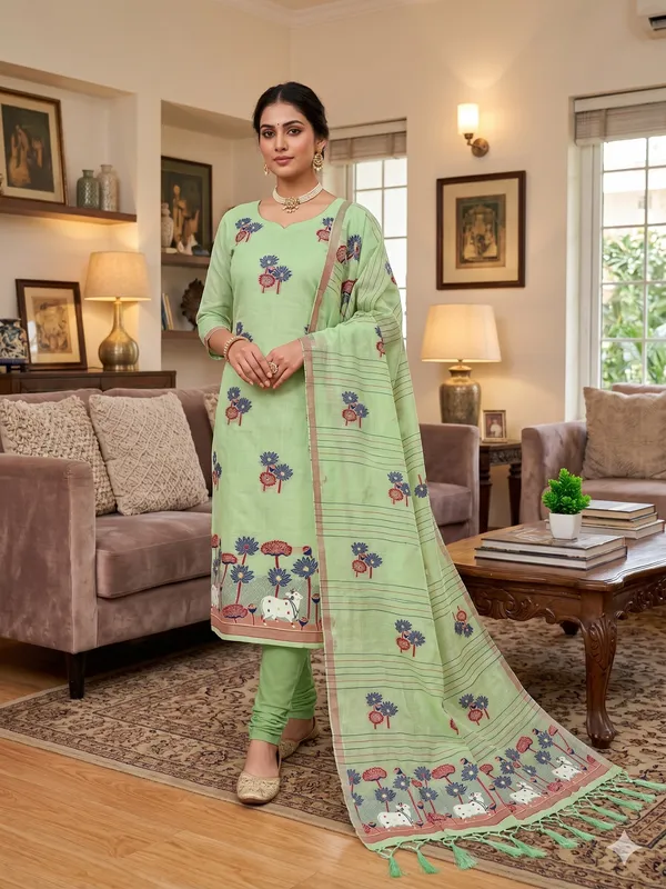 Pista_Muga_Banarasi_Cotton_Weaving_Unstitched_Kurta_Set_For_Women