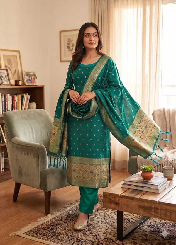Teal_Soft_Litchi_Banarasi_Silk_Weaving_Unstitched_Kurta_Set_For_Women