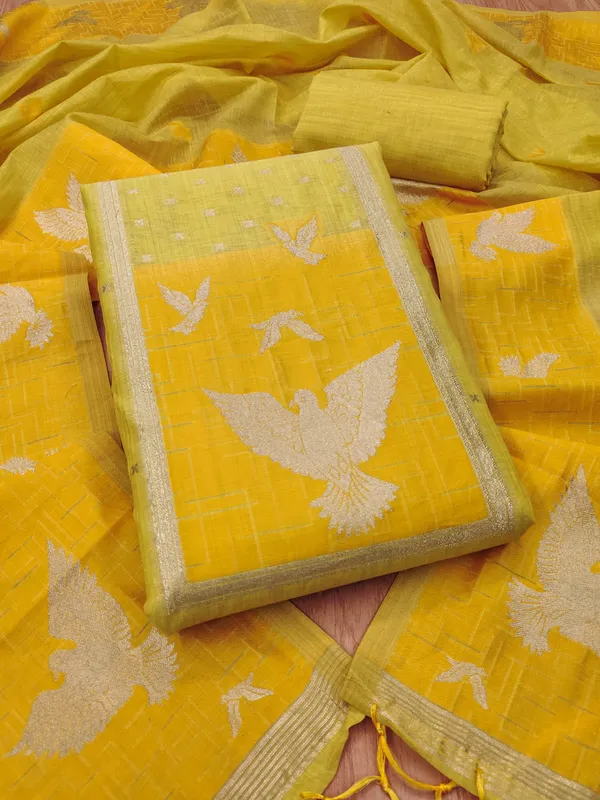 Yellow_Jamdani_Banarasi_Cotton_Weaving_Unstitched_Kurta_Set_For_Women