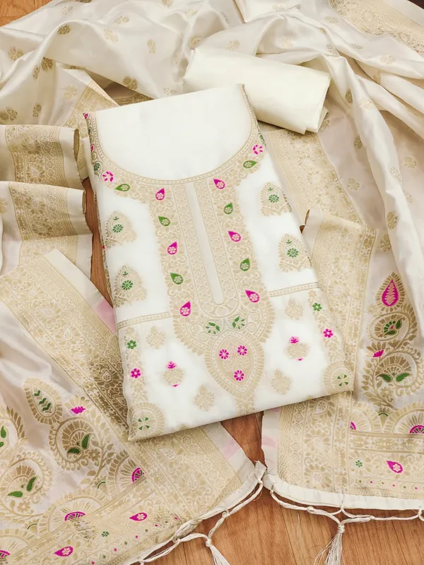 White_Soft_Litchi_Banarasi_Silk_Weaving_Unstitched_Kurta_Set_For_Women