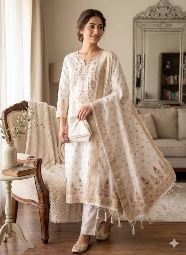 White_Soft_Litchi_Banarasi_Silk_Weaving_Unstitched_Kurta_Set_For_Women