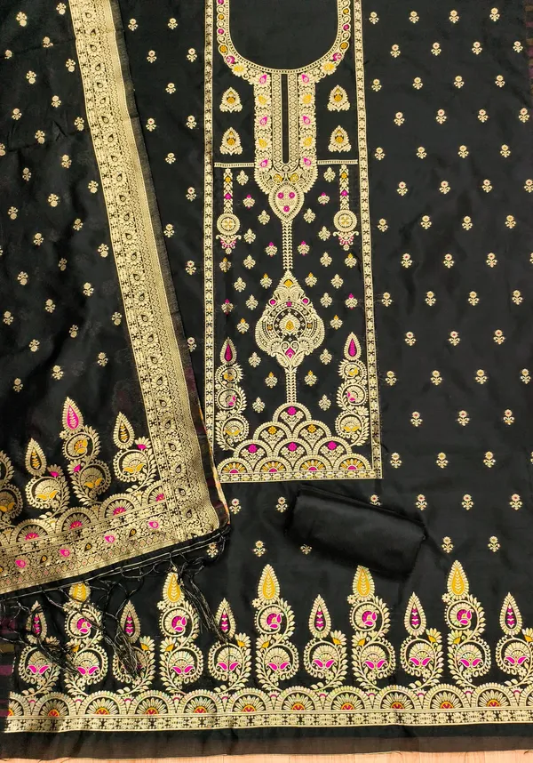 Black_Soft_Litchi_Banarasi_Silk_Weaving_Unstitched_Kurta_Set_For_Women
