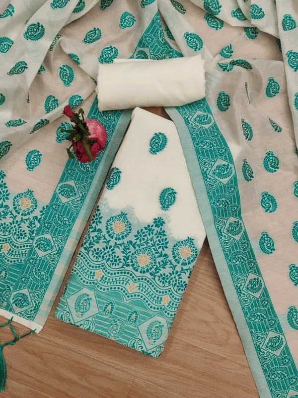 Teal_Handloom_Banarasi_Cotton_Weaving_Unstitched_Kurta_Set_For_Women