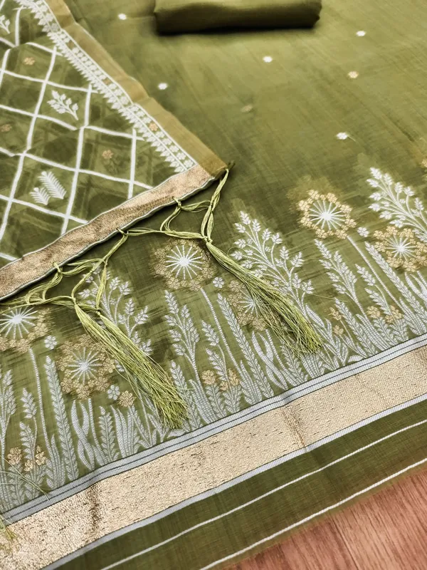 Mehendi_Jamdani_Banarasi_Cotton_Weaving_Unstitched_Kurta_Set_For_Women