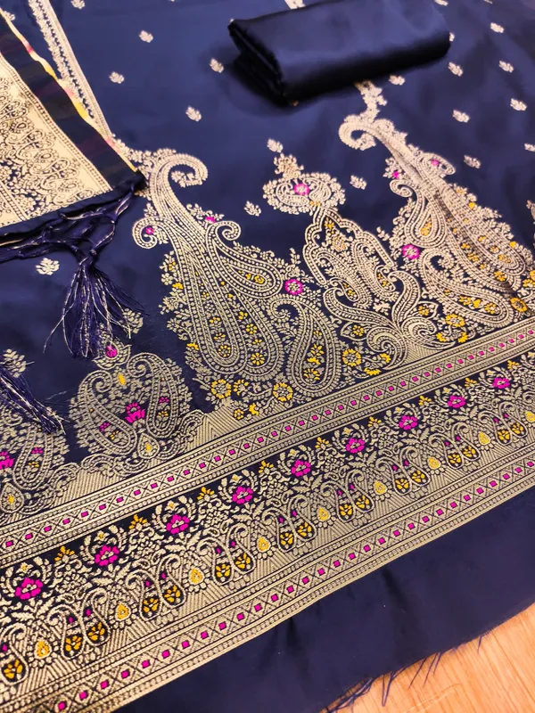 Navy_Blue_Soft_Litchi_Banarasi_Silk_Weaving_Unstitched_Kurta_Set_For_Women