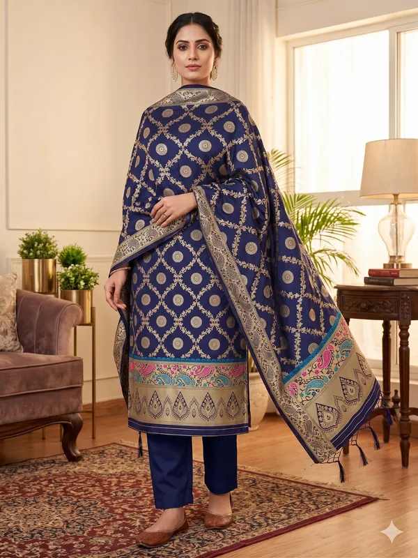 Navy_Blue_Soft_Litchi_Banarasi_Silk_Weaving_Unstitched_Kurta_Set_For_Women