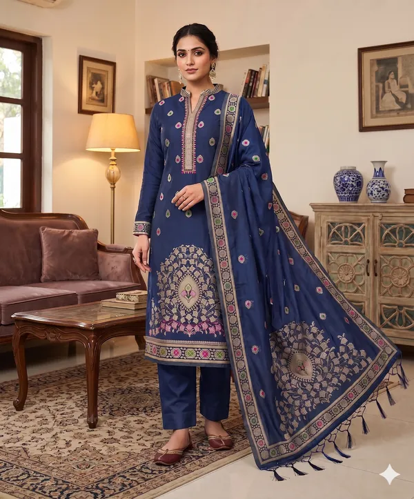 Navy_Blue_Chanderi_Banarasi_Cotton_Weaving_Unstitched_Kurta_Set_For_Women