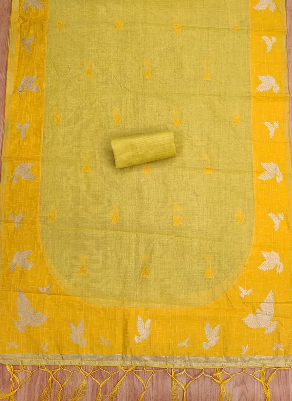 Yellow_Jamdani_Banarasi_Cotton_Weaving_Unstitched_Kurta_Set_For_Women