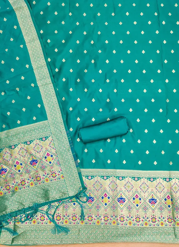 Teal_Soft_Litchi_Banarasi_Silk_Weaving_Unstitched_Kurta_Set_For_Women