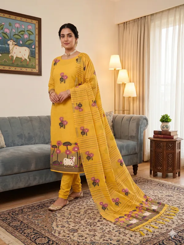Yellow_Muga_Banarasi_Cotton_Weaving_Unstitched_Kurta_Set_For_Women
