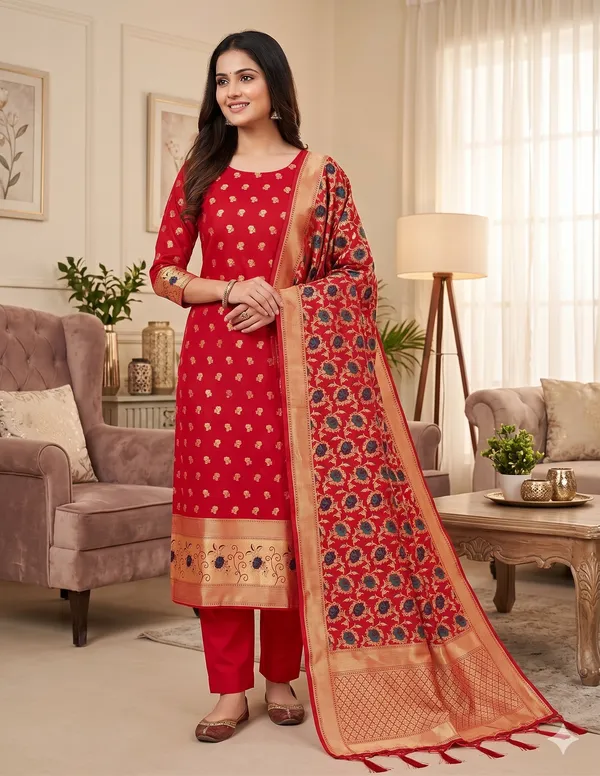 Red_Soft_Litchi_Banarasi_Silk_Weaving_Unstitched_Kurta_Set_For_Women