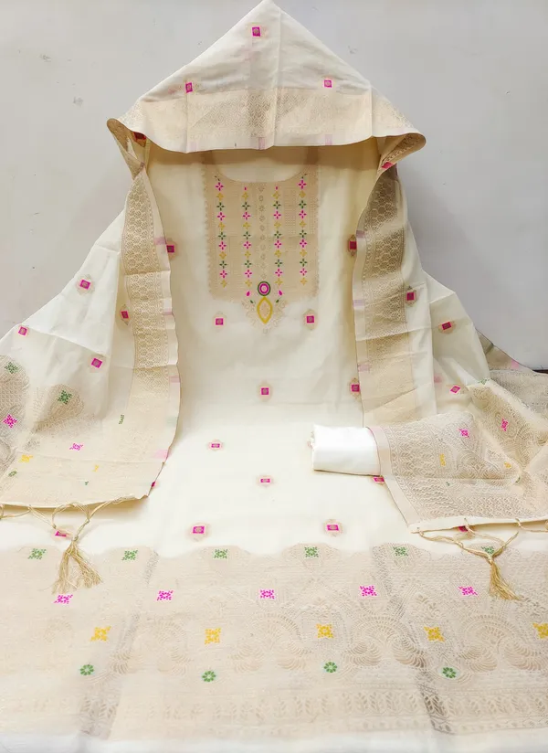 White_Chanderi_Banarasi_Cotton_Weaving_Unstitched_Kurta_Set_For_Women
