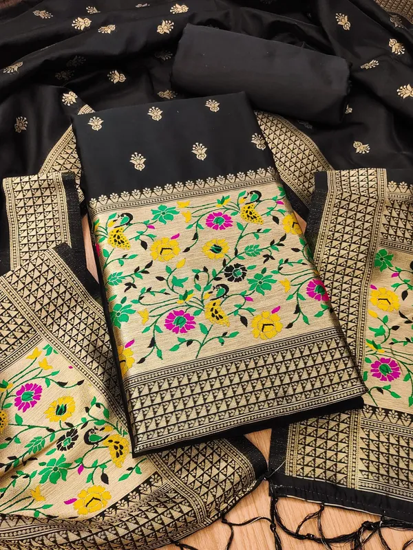 Black_Soft_Litchi_Banarasi_Silk_Weaving_Unstitched_Kurta_Set_For_Women