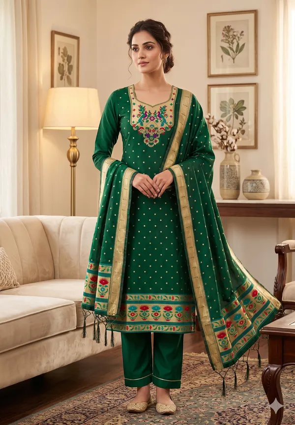 Green_Soft_Litchi_Banarasi_Silk_Weaving_Unstitched_Kurta_Set_For_Women
