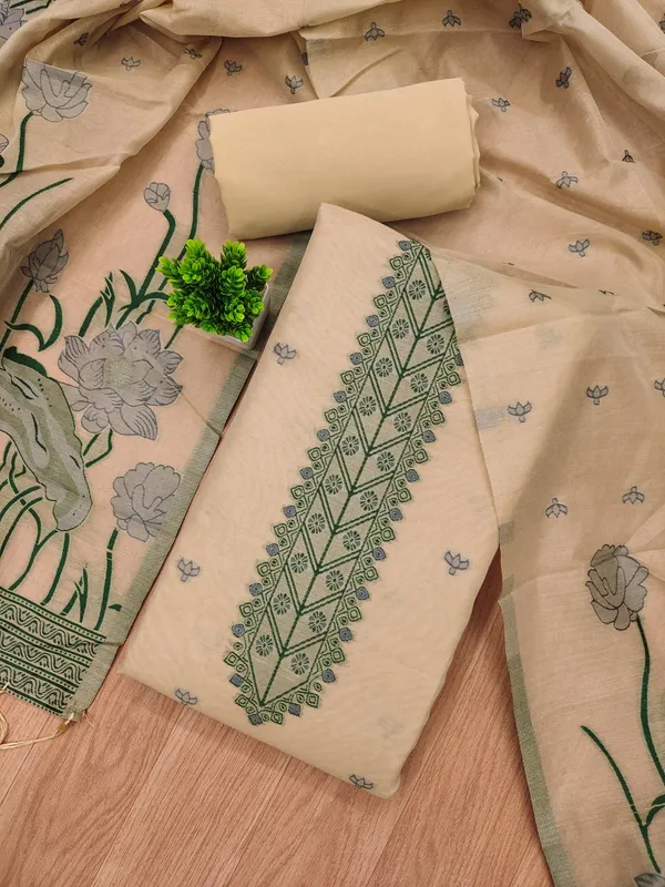 Chiku_Muga_Banarasi_Cotton_Weaving_Unstitched_Kurta_Set_For_Women