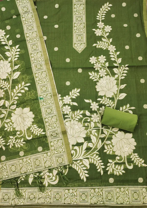 Mehendi_Jamdani_Banarasi_Cotton_Weaving_Unstitched_Kurta_Set_For_Women
