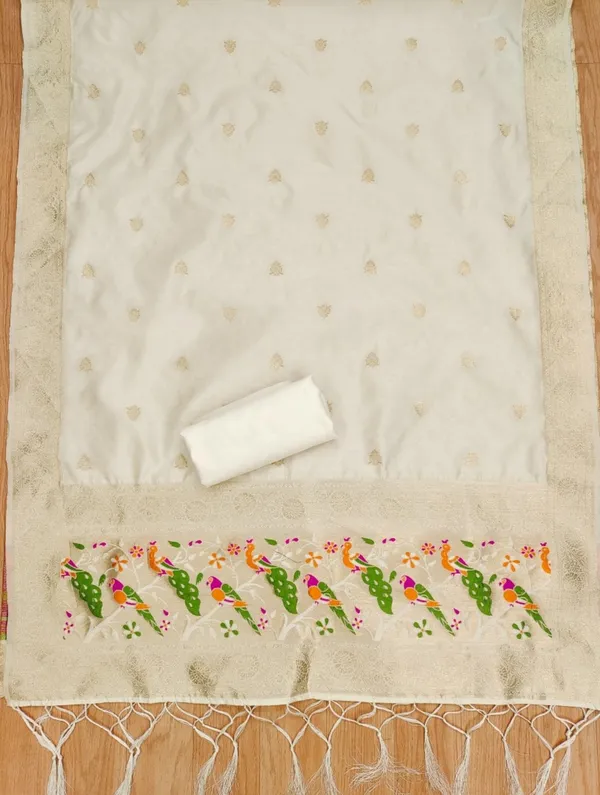 White_Soft_Litchi_Banarasi_Silk_Weaving_Unstitched_Kurta_Set_For_Women