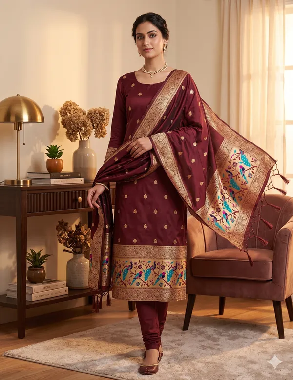 Maroon_Soft_Litchi_Banarasi_Silk_Weaving_Unstitched_Kurta_Set_For_Women