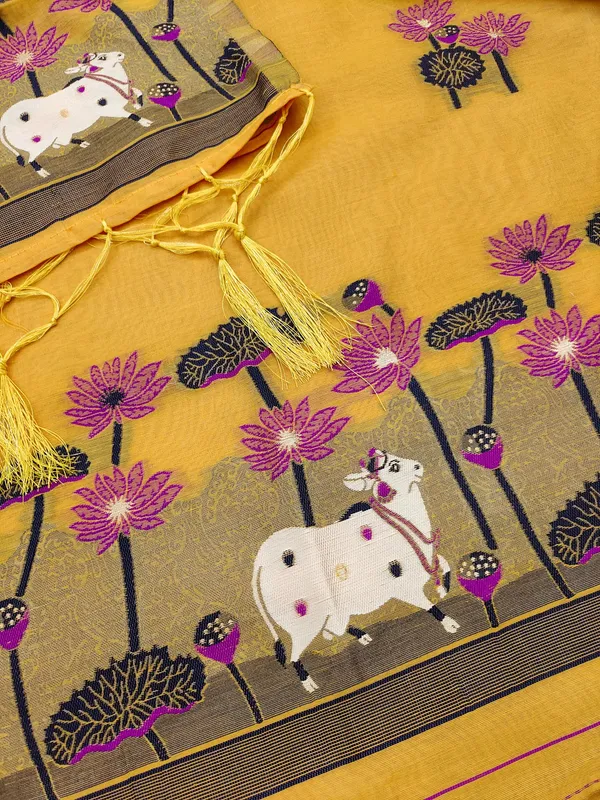 Yellow_Muga_Banarasi_Cotton_Weaving_Unstitched_Kurta_Set_For_Women