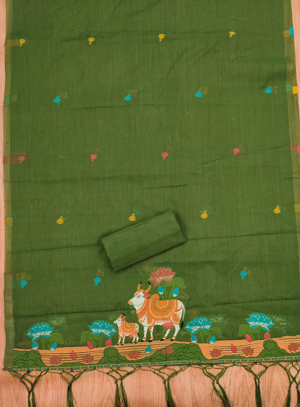 Mehendi_Jamdani_Banarasi_Cotton_Weaving_Unstitched_Kurta_Set_For_Women
