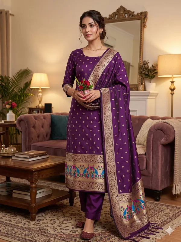 Purple_Soft_Litchi_Banarasi_Silk_Weaving_Unstitched_Kurta_Set_For_Women