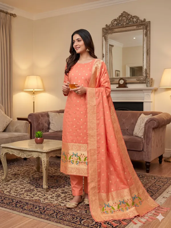 Orange_Soft_Litchi_Banarasi_Silk_Weaving_Unstitched_Kurta_Set_For_Women