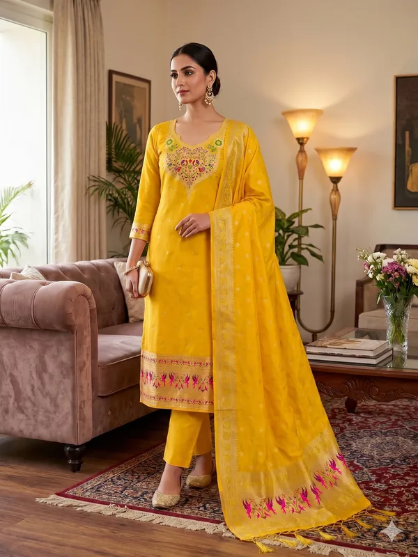 Yellow_Soft_Litchi_Banarasi_Silk_Weaving_Unstitched_Kurta_Set_For_Women