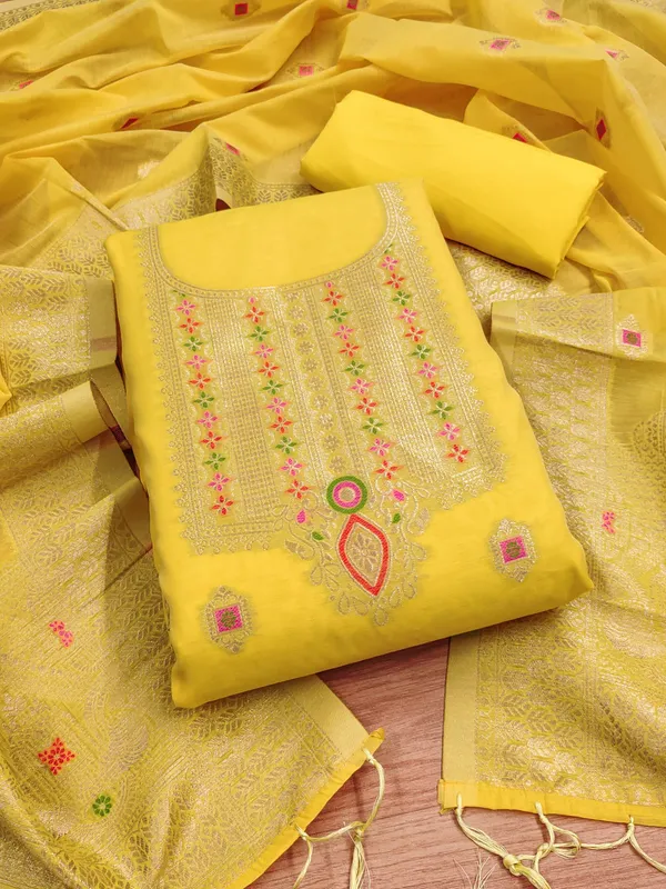 Yellow_Chanderi_Banarasi_Cotton_Weaving_Unstitched_Kurta_Set_For_Women