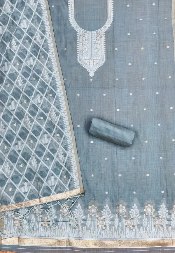 Grey_Jamdani_Banarasi_Cotton_Weaving_Unstitched_Kurta_Set_For_Women