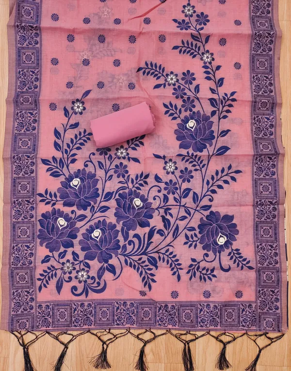 Pink_Jamdani_Banarasi_Cotton_Weaving_Unstitched_Kurta_Set_For_Women