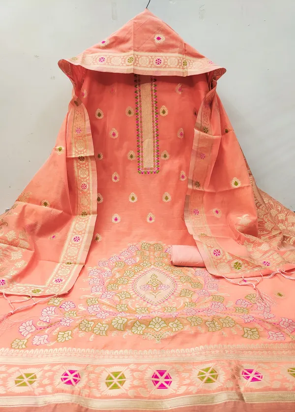 Peach_Chanderi_Banarasi_Cotton_Weaving_Unstitched_Kurta_Set_For_Women