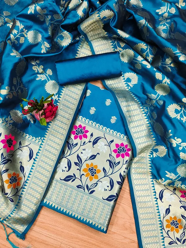 Blue_Soft_Litchi_Banarasi_Silk_Weaving_Unstitched_Kurta_Set_For_Women
