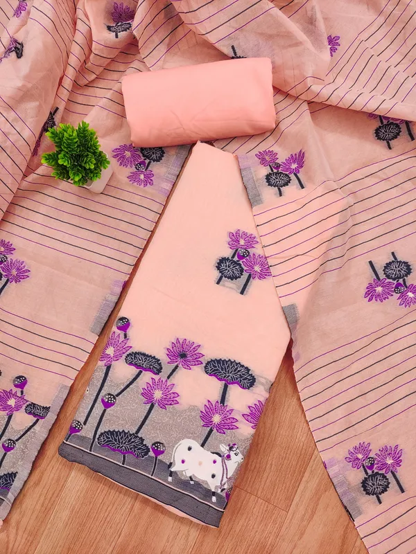 Peach_Muga_Banarasi_Cotton_Weaving_Unstitched_Kurta_Set_For_Women