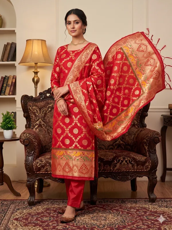 Red_Soft_Litchi_Banarasi_Silk_Weaving_Unstitched_Kurta_Set_For_Women