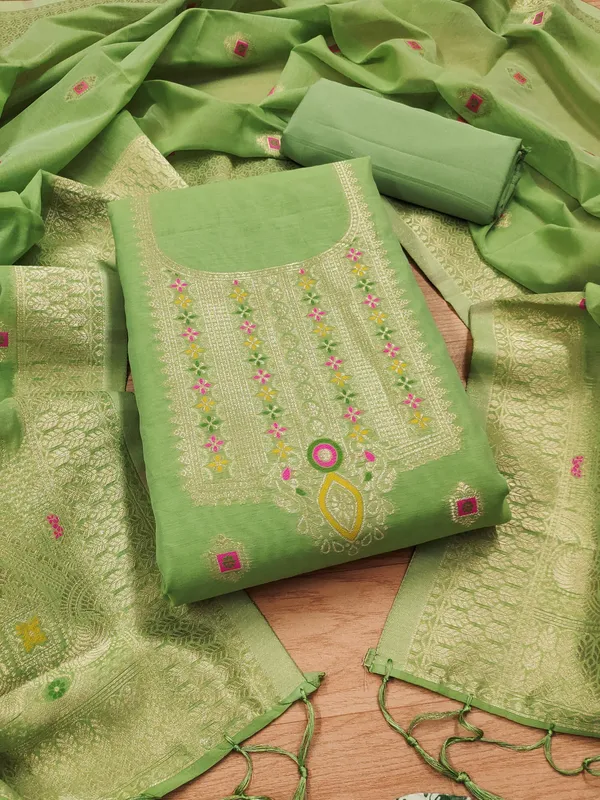 Pista_Chanderi_Banarasi_Cotton_Weaving_Unstitched_Kurta_Set_For_Women