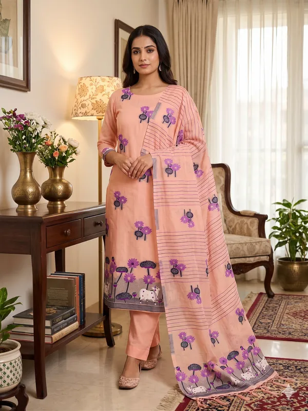 Peach_Muga_Banarasi_Cotton_Weaving_Unstitched_Kurta_Set_For_Women