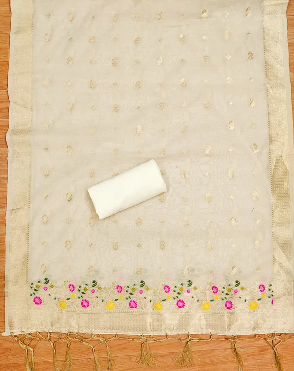 White_Chanderi_Banarasi_Cotton_Weaving_Unstitched_Kurta_Set_For_Women